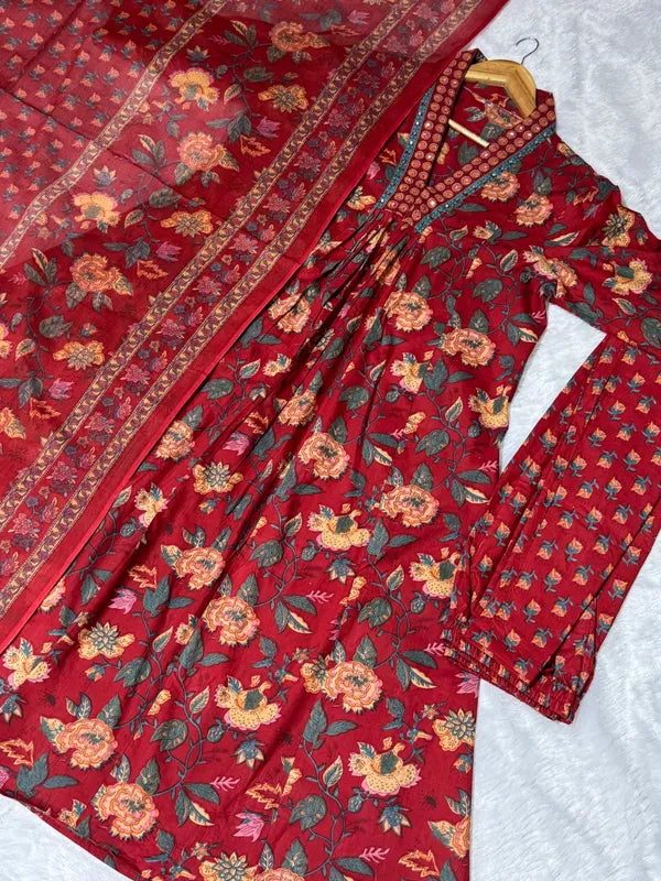 Maroon Beautiful Pure Cotton Kurta And Pant With Dupatta