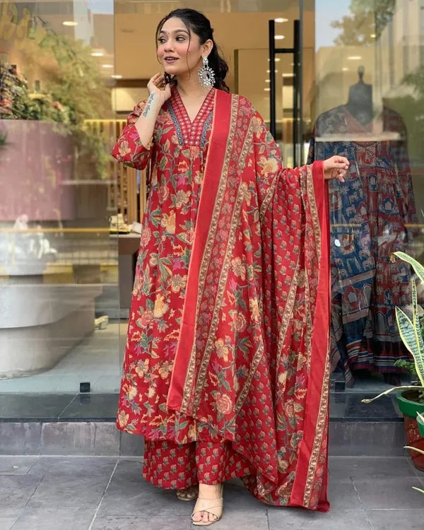 Maroon Beautiful Pure Cotton Kurta And Pant With Dupatta