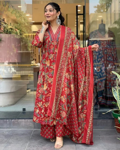 Maroon Beautiful Pure Cotton Kurta And Pant With Dupatta