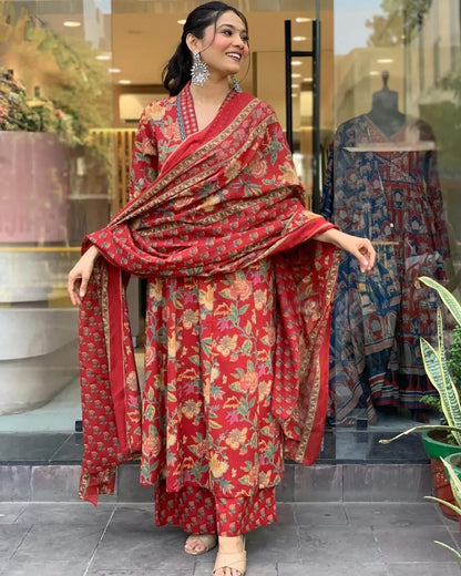 Maroon Beautiful Pure Cotton Kurta And Pant With Dupatta