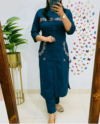 Stylish embroidered cotton kurti with pant set