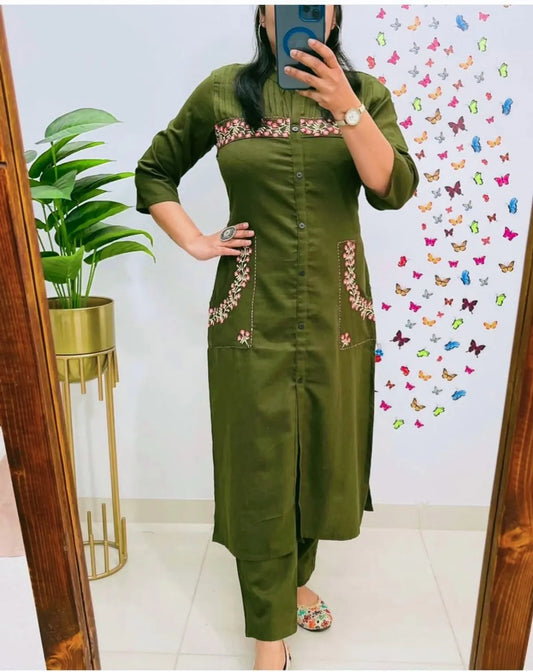 Stylish embroidered cotton kurti with pant set
