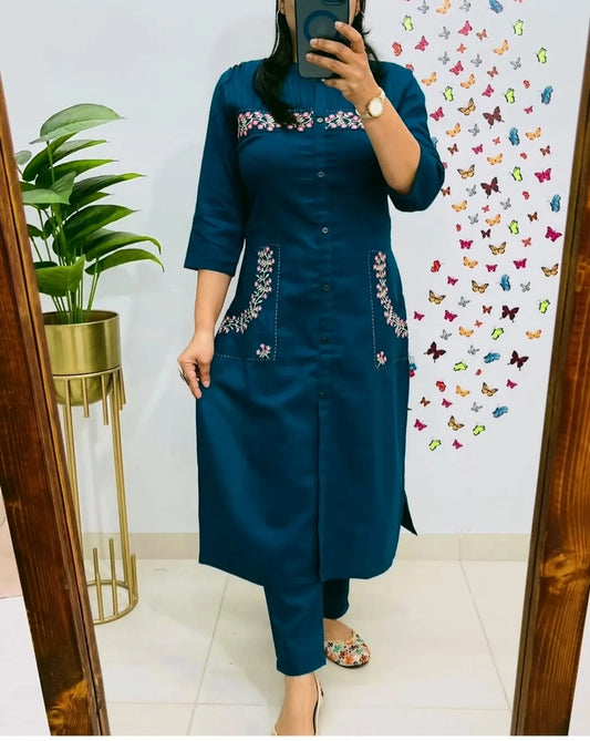Stylish embroidered cotton kurti with pant set