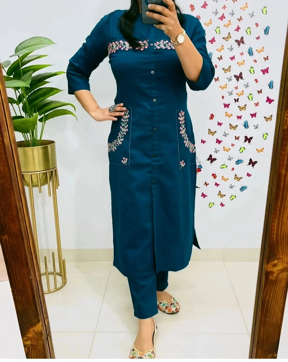 Stylish embroidered cotton kurti with pant set