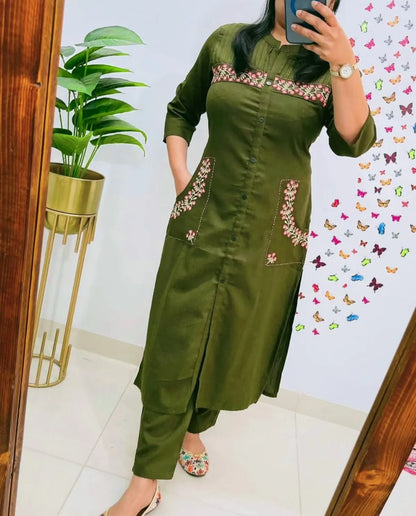 Stylish embroidered cotton kurti with pant set