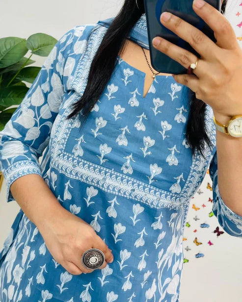 Premium Navy Blue Printed Cotton Anarkali Suit set