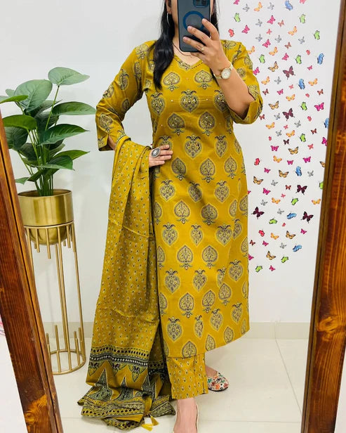 Mustard Yellow Printed Cotton Straight Kurta Suit With Dupatta