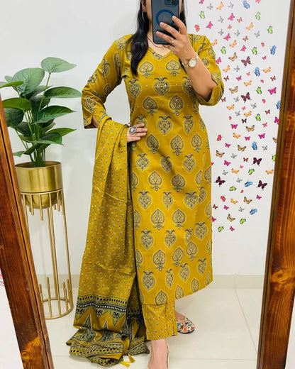 Mustard Yellow Printed Cotton Straight Kurta Suit With Dupatta