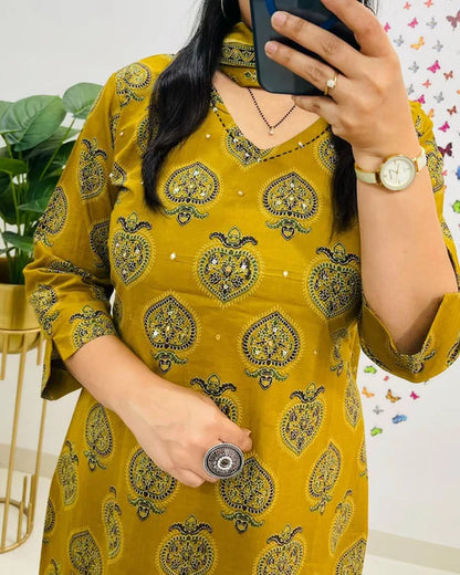 Mustard Yellow Printed Cotton Straight Kurta Suit With Dupatta