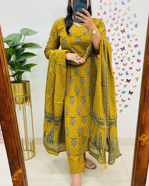 Mustard Yellow Printed Cotton Straight Kurta Suit With Dupatta