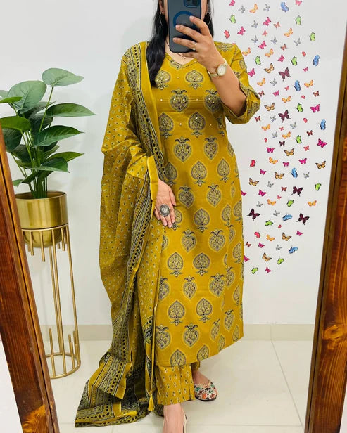 Mustard Yellow Printed Cotton Straight Kurta Suit With Dupatta