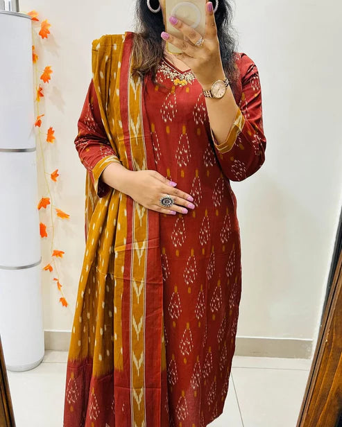 Brown Pure Cotton Kurta Set With Palazzo Pants for Women