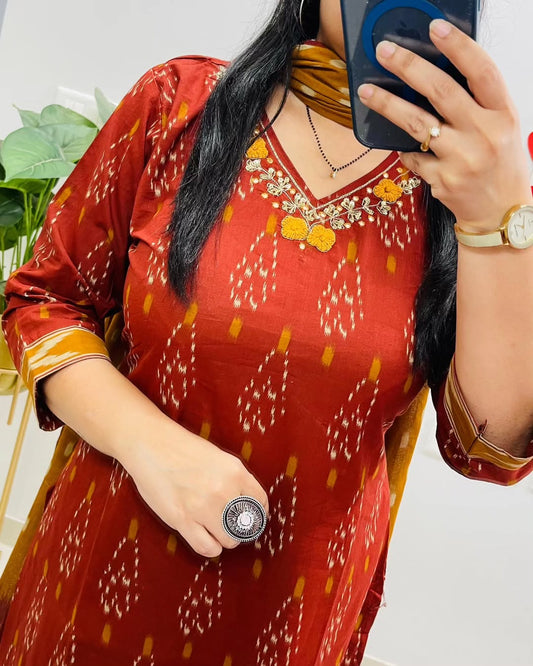 Brown Pure Cotton Kurta Set With Palazzo Pants for Women